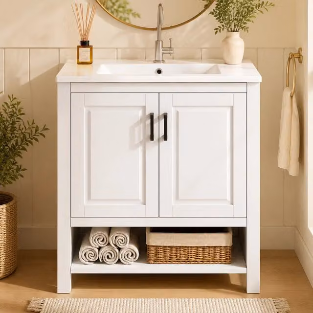 Mobile lavabo da appoggio 76,5x47x83 cm con lavandino in ceramica integrato, armadio a doppia anta e ripiani aperti. Bianco, completamente laccato
