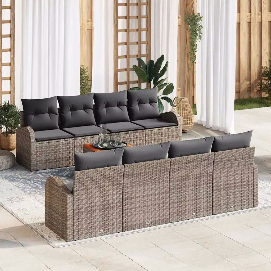 Set Divano da Giardino vidaXL 9 Pezzi a Forma di U Grigio con Cuscini e Tavolino da Caffè in Polyrattan e Acciaio – 1