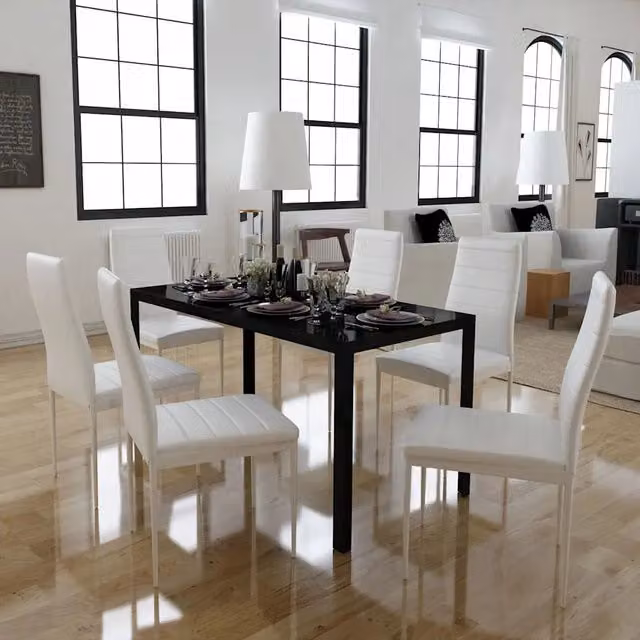 Set da pranzo moderno vidaXL composto da tavolo rettangolare in vetro e 7 sedie in bianco e nero