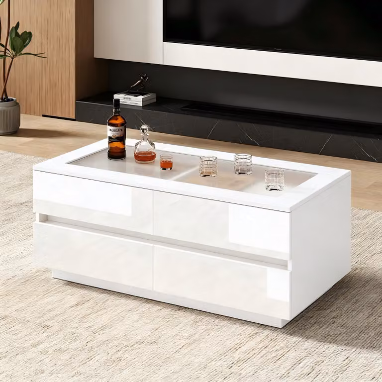 Tavolino STILVORA con 4 cassetti e illuminazione a LED, tavolino da caffè con piano in vetro temperato, tavolino da salotto lucido fino a 35 kg, bianco