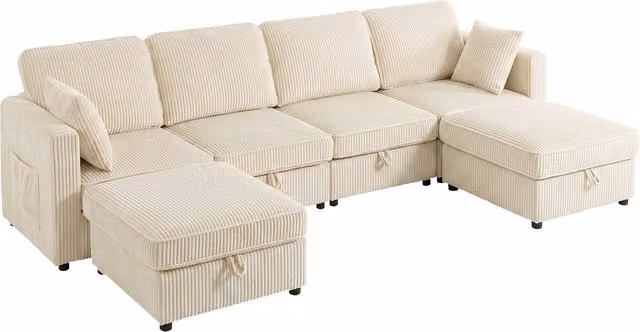 Divano Modulare a U HOMCOM da 4 Posti con 2 Pouf Contenitori in Velluto a Coste e 4 Cuscini, Bianco Crema – 1