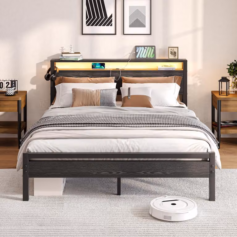 Letto matrimoniale in metallo 160x200 con illuminazione a LED, stazione di ricarica USB e rete a doghe, colore nero