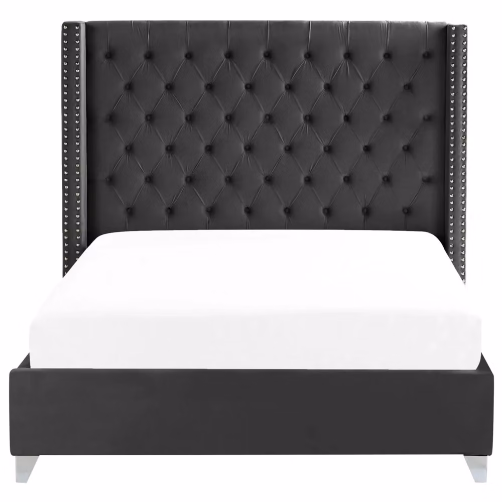 Letto Beliani in velluto nero con poggiatesta trapuntato geometrico e doghe, stile glamour, L/P/H: 160 x 200 x 126 cm – 2