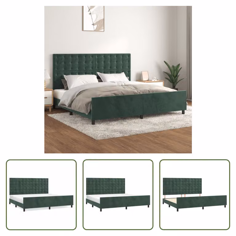 The Living Store Struttura letto con testiera in velluto verde scuro 200x200 cm