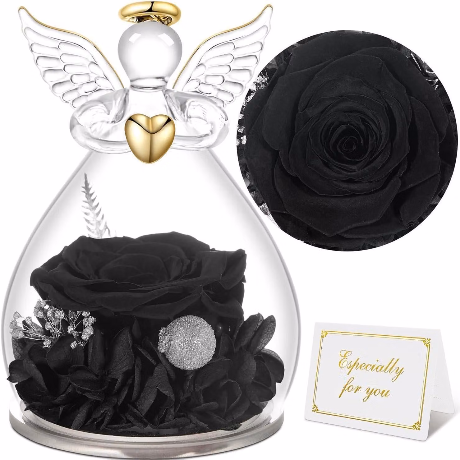 Angelo con rosa eterna, statuina in vetro, regalo per donne, mamma, festa della mamma, Natale, San Valentino, colore nero