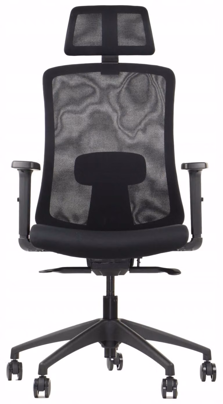 Sedia girevole ergonomica da ufficio MORTON, base in nylon, braccioli regolabili, poggiatesta e supporto lombare, estensione del sedile, meccanismo di auto-bilanciamento, nero