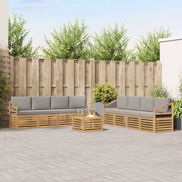 Set di mobili da giardino vidaXL in legno di acacia con divano a 3 posti, poltrone e tavolino da caffè, colore bianco e grigio
