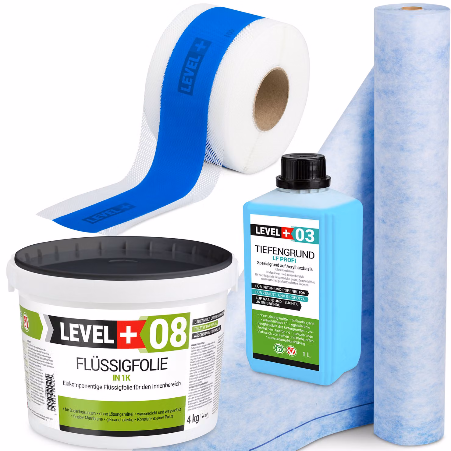 Kit di impermeabilizzazione Foglio liquido 4 kg Nastro sigillante 5 mb Tappetino 1 mb Primer 1 l Bagno doccia Level+ SET313