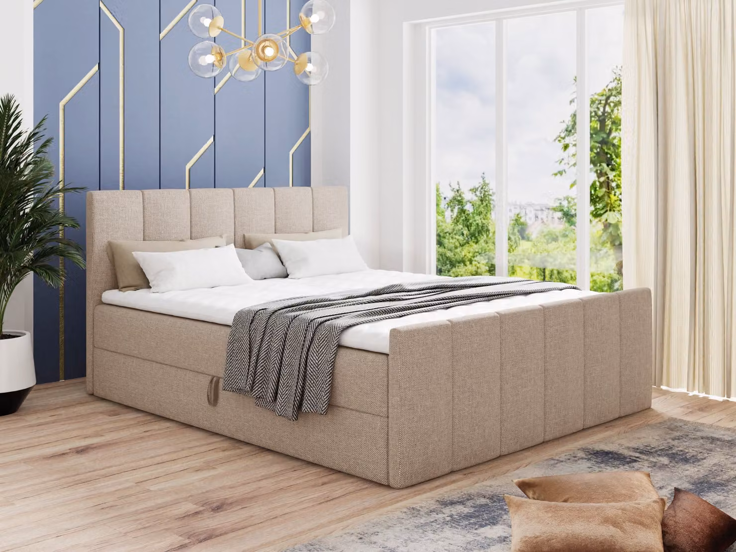 Letto boxspring Star Lux con pediera, 2 cassetti e coprimaterasso - Letto matrimoniale con coprimaterasso, materasso Bonell, letto imbottito, letto (Beige (Inari 22), 180 x 200 cm)