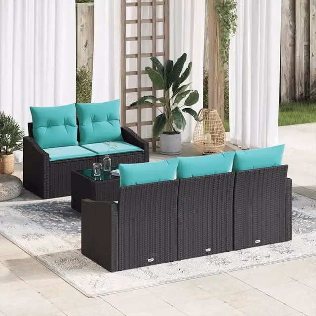 Set di divani 6 pz 3-Numero di posti Nero e Turchese polyrattan 3346606