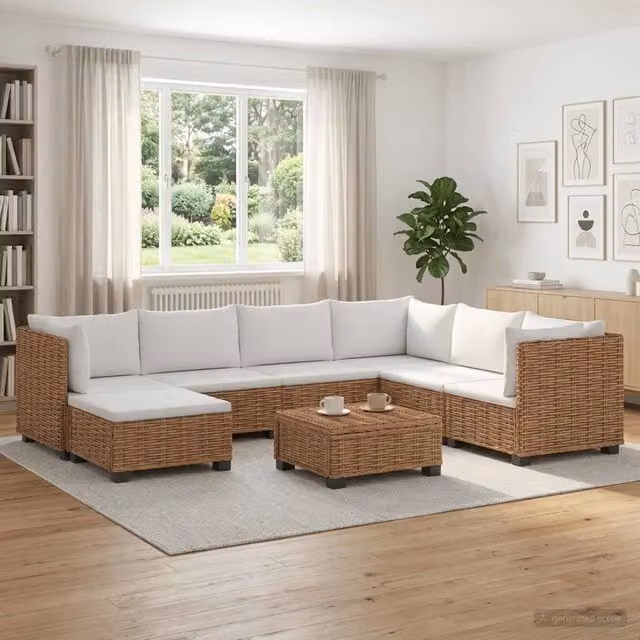 Set Lounge da Giardino a Forma di L vidaXL in Polyrattan con Cuscini Beige e Bianco – 1