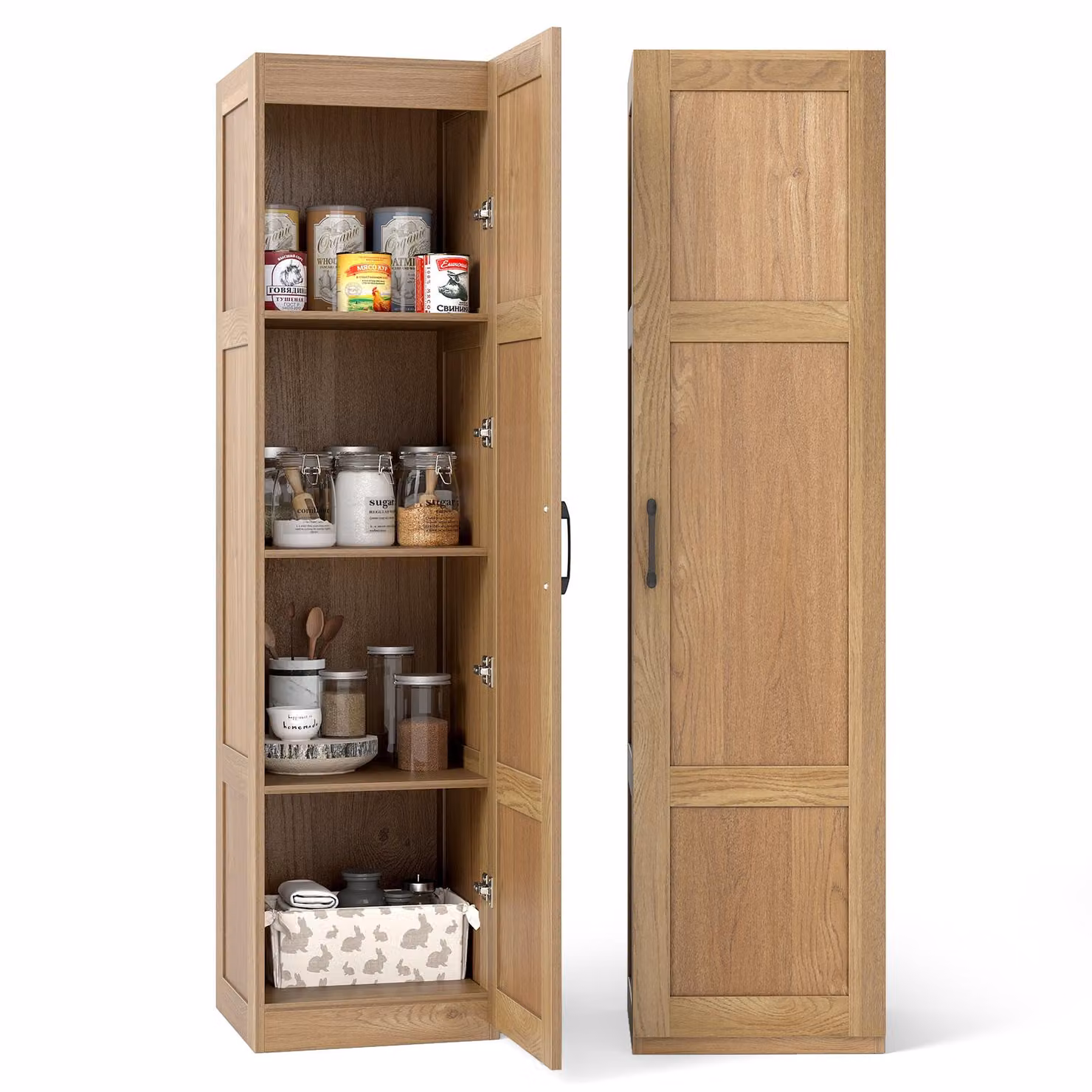 COSTWAY, mobiletto alto a 4 ripiani, armadietto stretto, mobiletto a terra con porta, organizer per dispensa, dimensioni 40x37,5x150 cm, ideale per la cucina, colore naturale