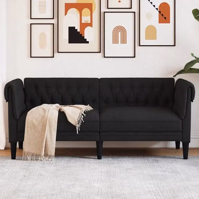 Divano Chesterfield a 2 Posti-Sofa 2 Posti-Divanetto Nero in Tessuto