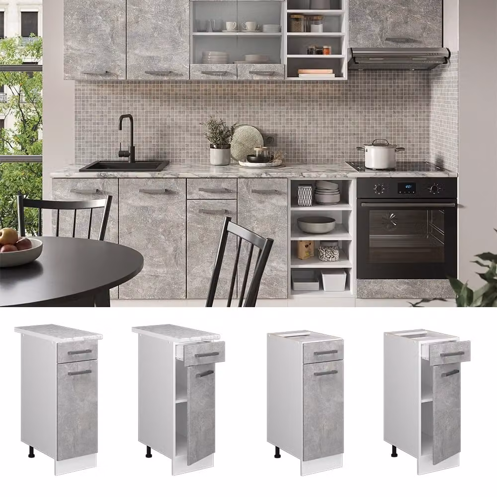 Mobiletto base per cucina Vicco R-Line Calcestruzzo/Bianco con piano in marmo L 30 cm – 2