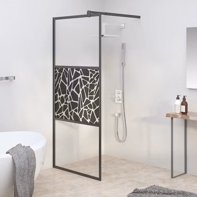 Parete Doccia Walk In vidaXL con Vetro Decorato Design Pietre, Colore Nero, L: 90 cm, H: 195 cm – 1