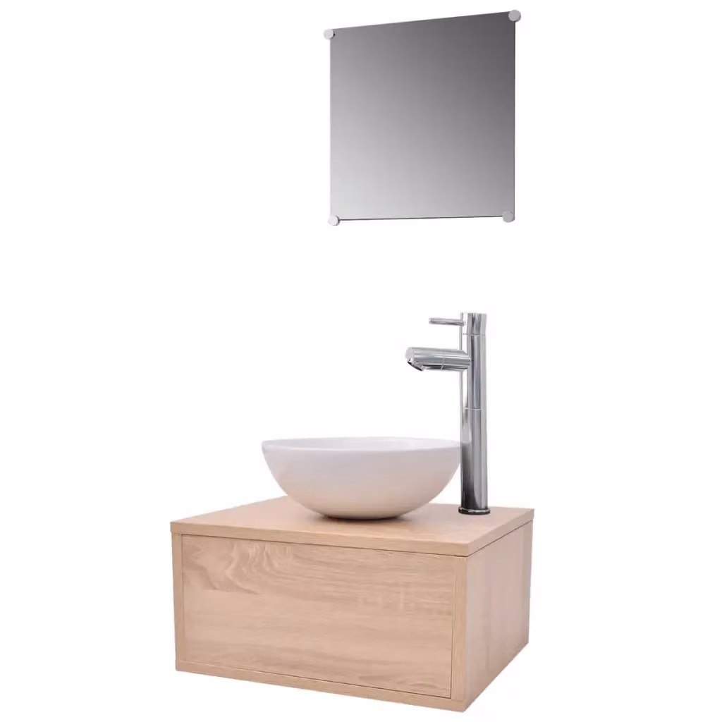 Set di mobili da bagno vidaXL 4 pezzi beige con lavabo e armadietto specchio in legno e ceramica – 2