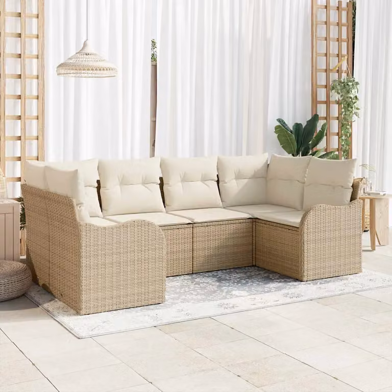 vidaXL Set Divano da Giardino a L in Polyrattan con Cuscini, 6 Pezzi, Beige e Bianco