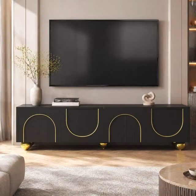 Mobile TV Mivray a 4 ante con apertura push to open, ripiani interni e gambe dorate arrotondate, nero e oro, L/P/H: 170 x 38 x 44 cm