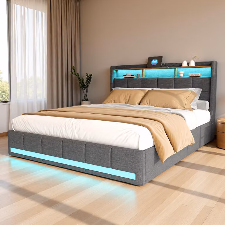 Letto ProximaX 180×200 cm con rivestimento in tessuto, 4 cassetti, connessione USB e Type-C, striscia luminosa a LED, spazio di archiviazione e illuminazione, grigio