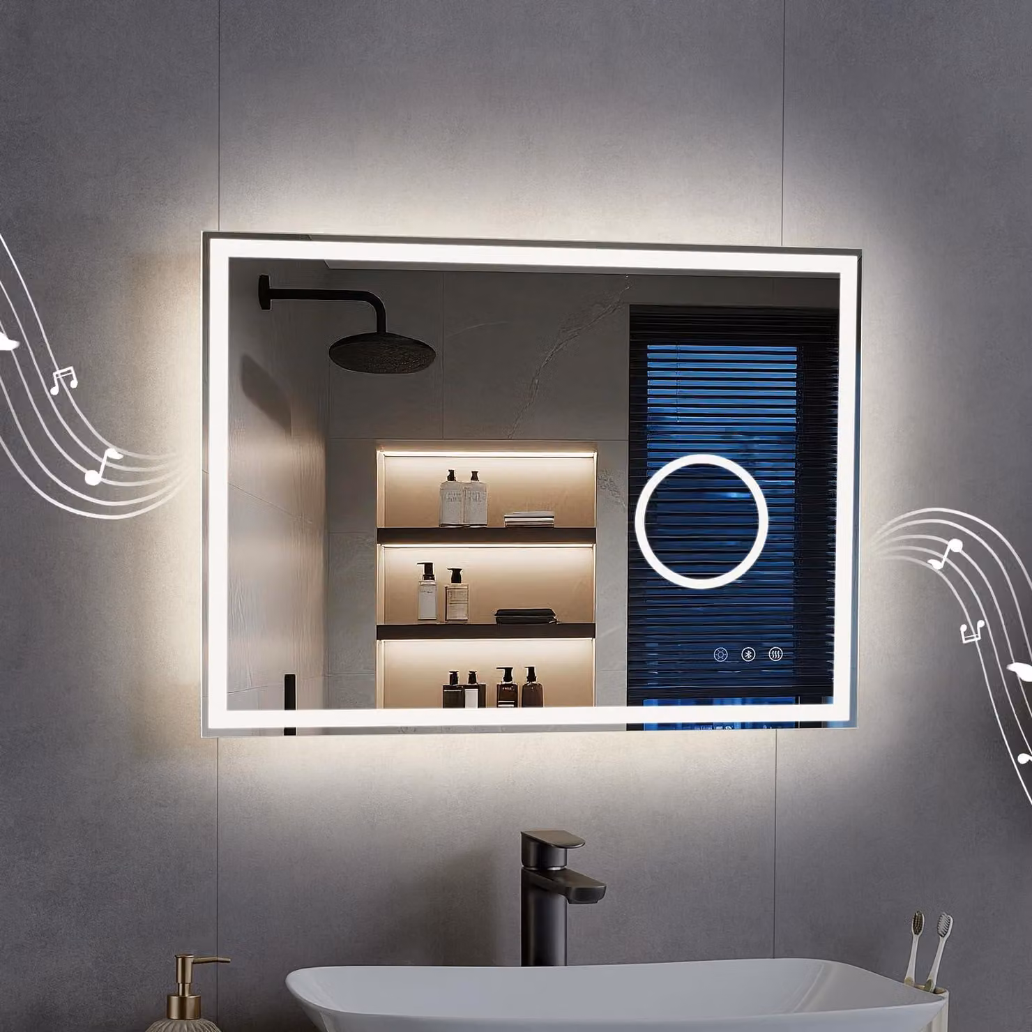 Specchio da bagno rettangolare illuminato con Bluetooth, 60x80 cm