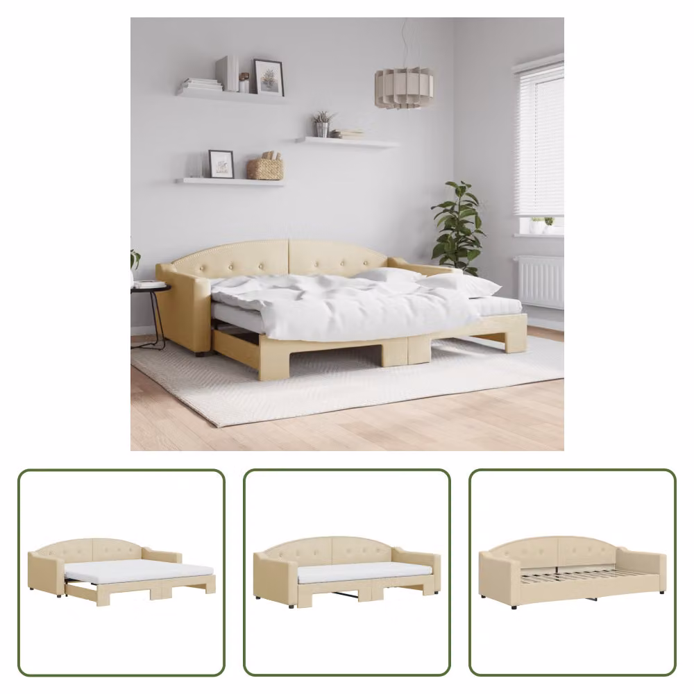 The Living Store Lettino allungabile con materassi panna 90x200 cm in tessuto