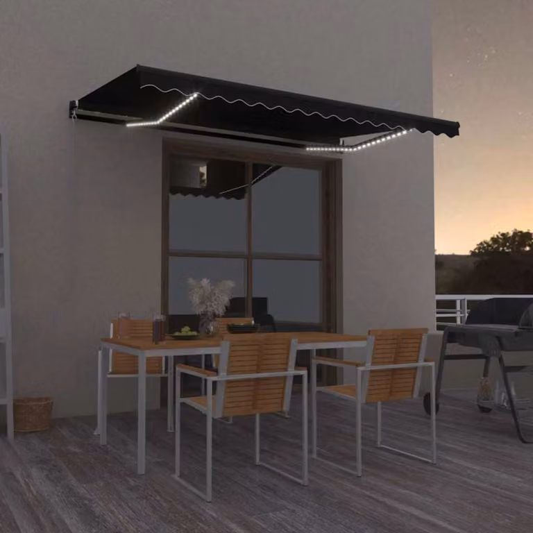 vidaXL Tenda da Sole Retrattile Manuale con LED in Poliestere e Alluminio, Colore Antracite, L: 400 cm, P: 350 cm