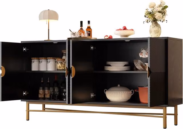 Credenza e madia moderna con 4 ante e maniglie dorate, struttura in MDF nero opaco con chiusura ammortizzata, L: 160 cm, P: 40 cm, H: 82 cm – 1