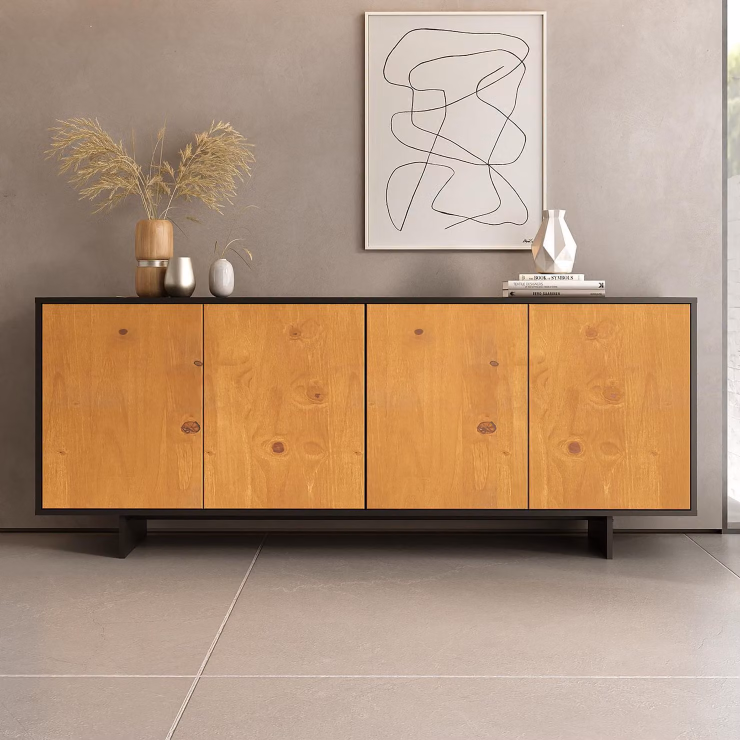 Mobile contenitore ARTO, 180 cm, con 4 ante, finitura nero/noce - Comodino per l'ingresso con ampio spazio di stoccaggio, ante in legno massello di pino, design moderno senza maniglie, base rialzata con spazio libero sul pavimento