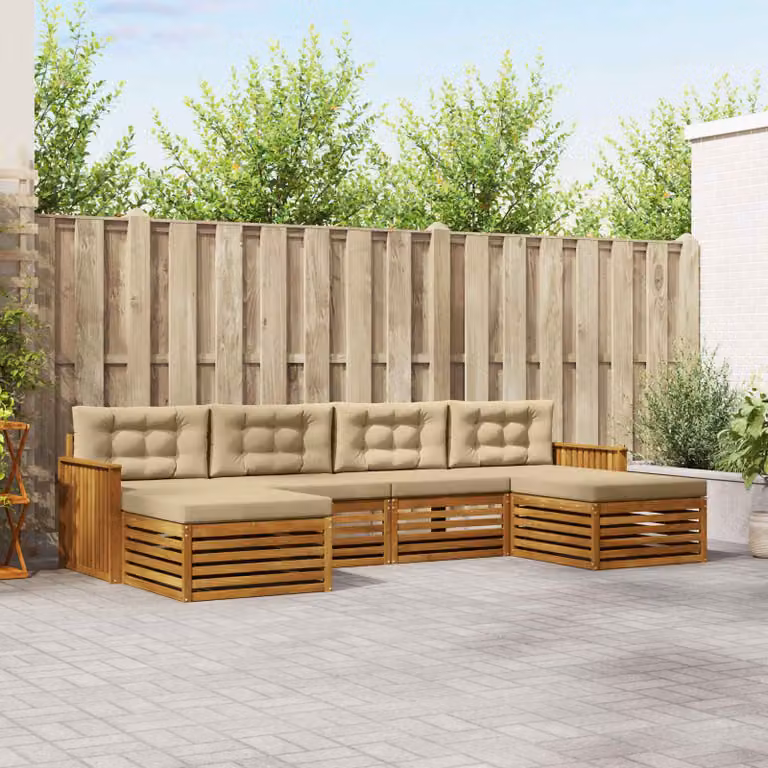 Set di divani da esterno vidaXL a forma di L in legno di acacia con cuscini, 6 pezzi, Beige e Marrone