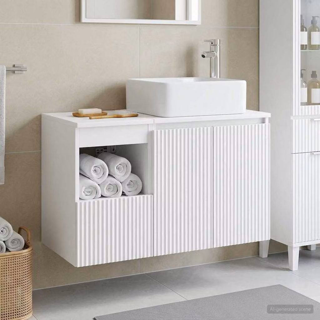 Set di mobili per il bagno moderno vidaXL composto da mobile lavabo e pensile a parete in MDF bianco opaco L/P/H: 80,0 x 33,72 x 49,5 cm e 41,0 x 41,0 x 33,72 cm