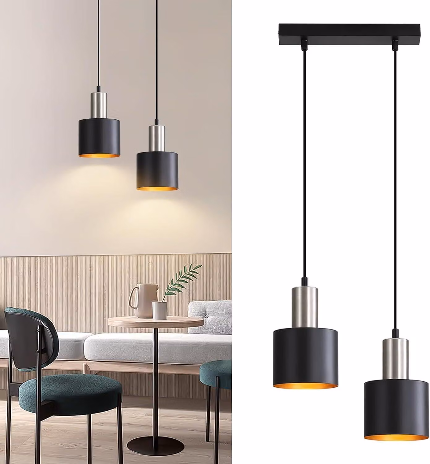 ZMH Lampada a sospensione tavolo da pranzo E27 lampada a sospensione cucina lampada a sospensione 2 fiamme sala da pranzo lampada a sospensione oro nero isola cucina senza lampadina