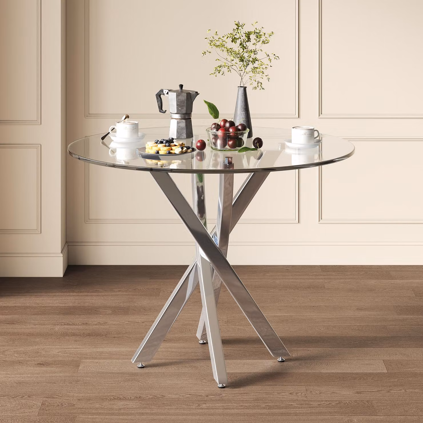 Tavolo da pranzo Flieks Tavolo da pranzo rotondo, tavolo da cucina con piano in vetro, tavolo da caffè per il tempo libero per 2-4 persone, 80x80x75cm, argento