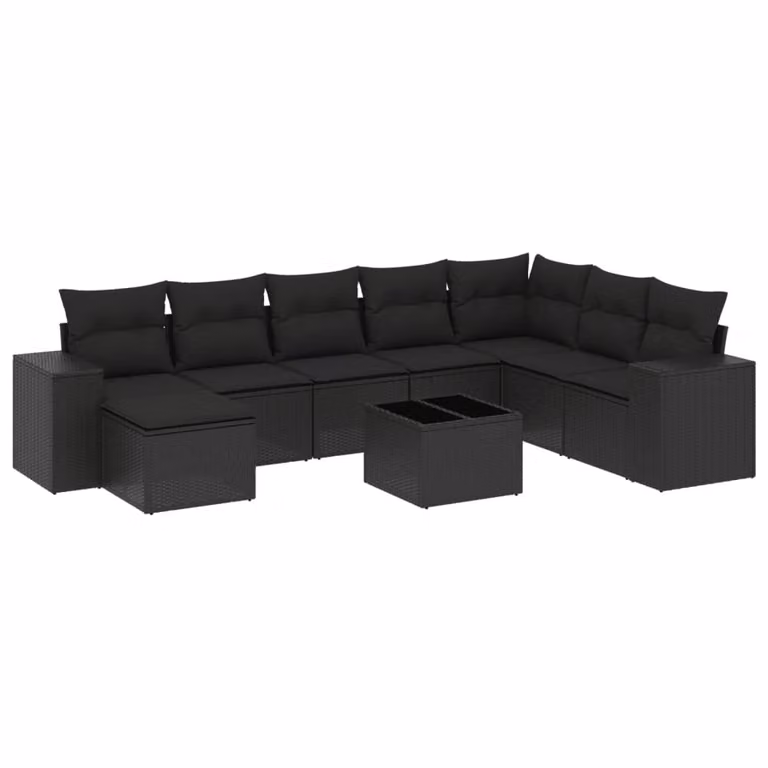 Set Divani da Giardino 9 pz con Cuscini Nero in Polyrattan