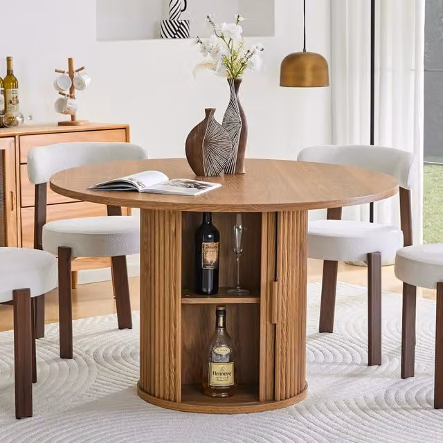 Tavolo da pranzo rotondo 120 cm in MDF colore noce per 4 a 6 persone con contenitore e ante scorrevoli