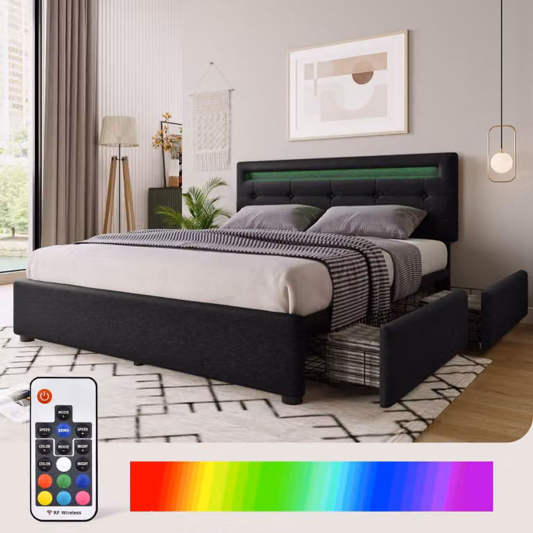 Letto imbottito 140x200, con illuminazione LED, 4 cassetti, comprensivo di materasso, testiera regolabile e rete a doghe (colore: nero)