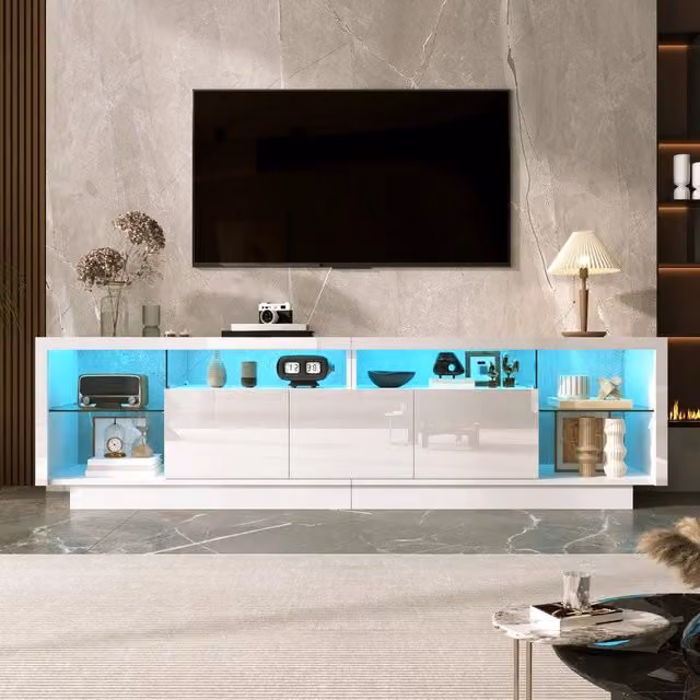 Mobile TV con LED ¨C Minimal ¨C Ante lucide, ripiani in vetro, truciolato, luci RGB regolabili