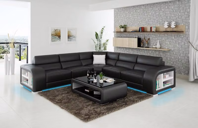 Ledersofa Couch Wohnlandschaft Ecksofa Eck Garnitur Design Sofa USB Maßfertigung