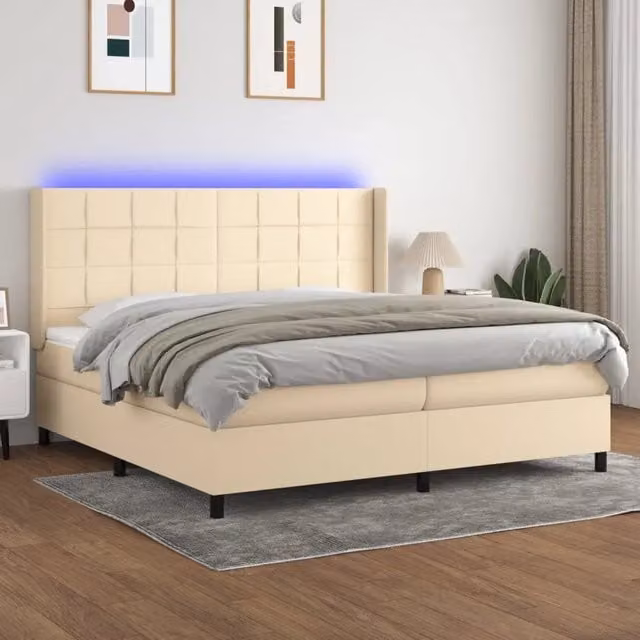 Letto a molle vidaXL con illuminazione LED e porta USB in tessuto bianco e beige L/P: 200 x 200 cm – 1