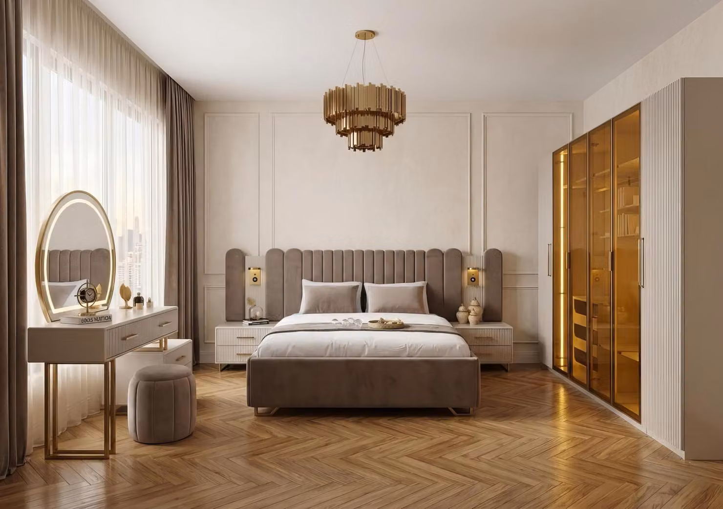 Set per camera da letto: letto, armadio, comò, specchio, poggiapiedi. Colore: beige. Stile: elegante