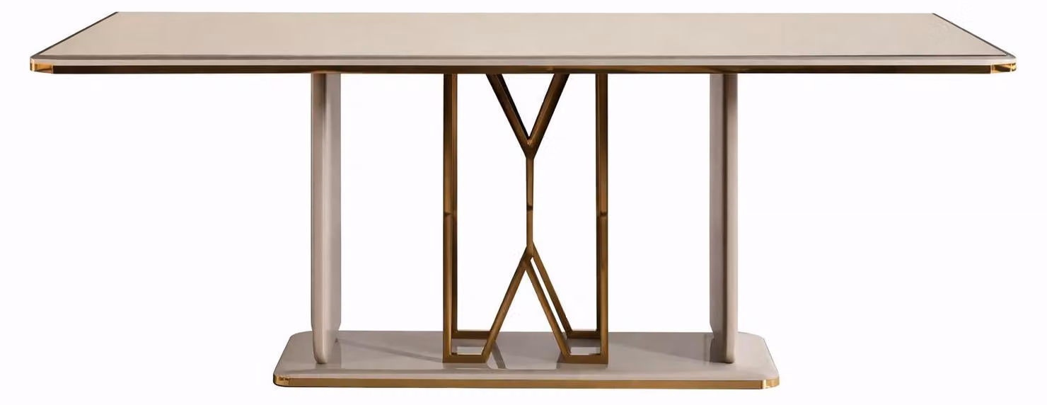 Moderno tavolo da pranzo bianco con lussuosa struttura in metallo color oro