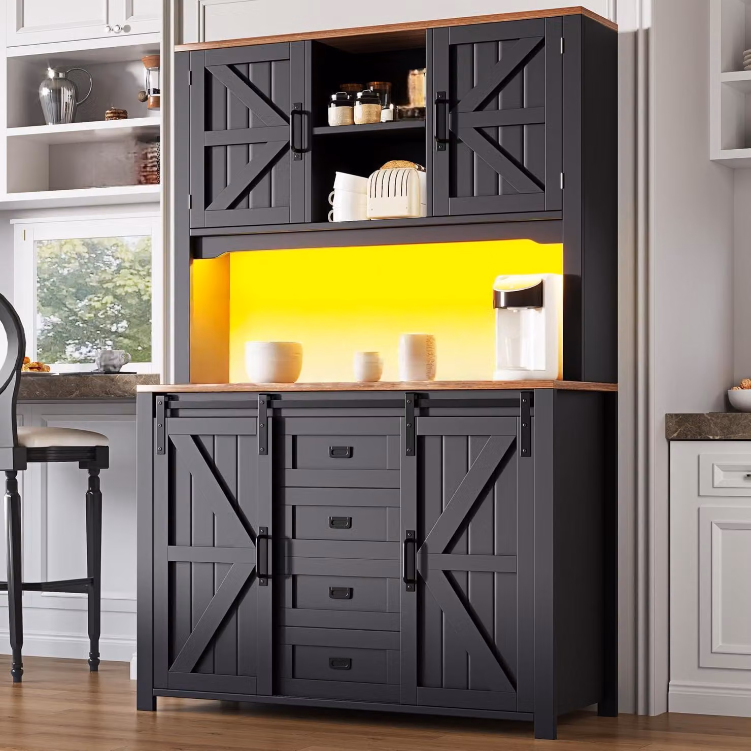 Mobiletto da cucina/credenza, altezza 174,7 cm, colore nero, con illuminazione a LED e 2 cassetti