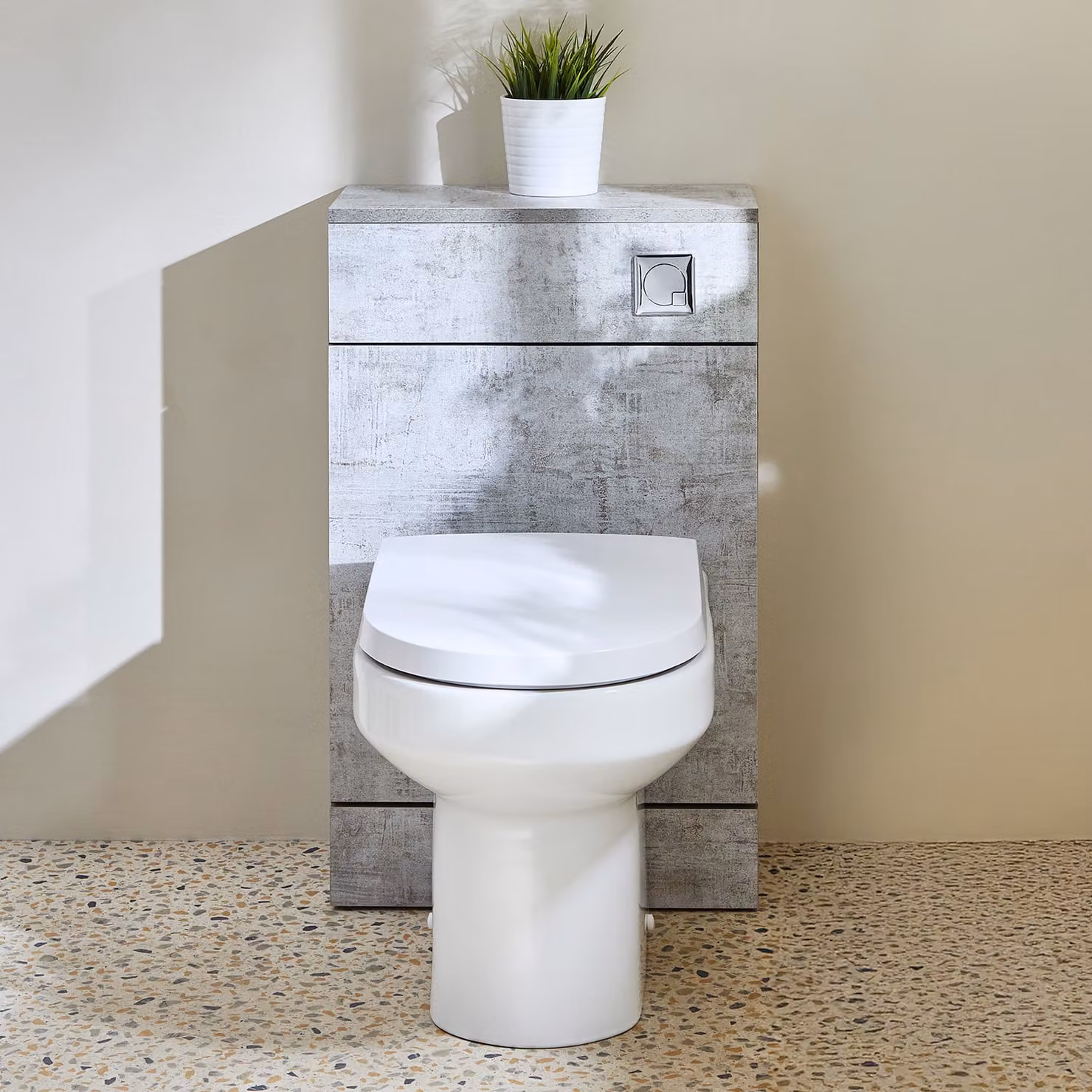 Mobile WC da 500 con Sanitario Covelly - Grigio Cemento - Pulsante di Scarico Cromato - Cluo