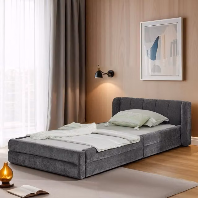 Letto singolo 90x200 cm in Chenille delicato sulla pelle, schienale confortevole, adatto anche come letto per bambini, Grigio scuro (senza materasso)