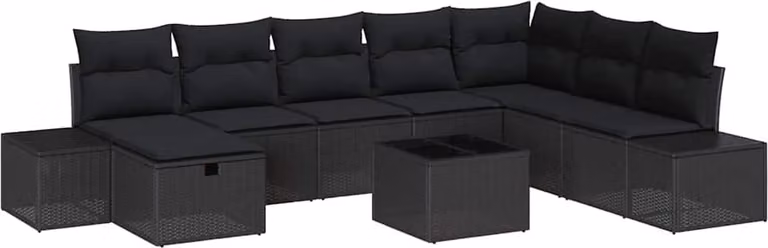 Set Divano da Giardino con cuscino 9 pcs Nero polyrattan