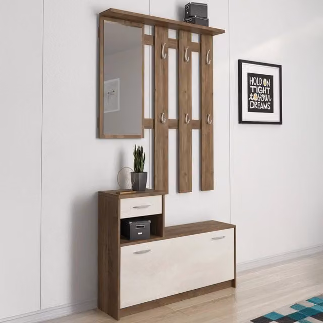 Mobile da ingresso moderno DMORA con specchio e scarpiera, Bianco e Quercia, L: 100 cm, P: 25,5 cm, H: 190 cm