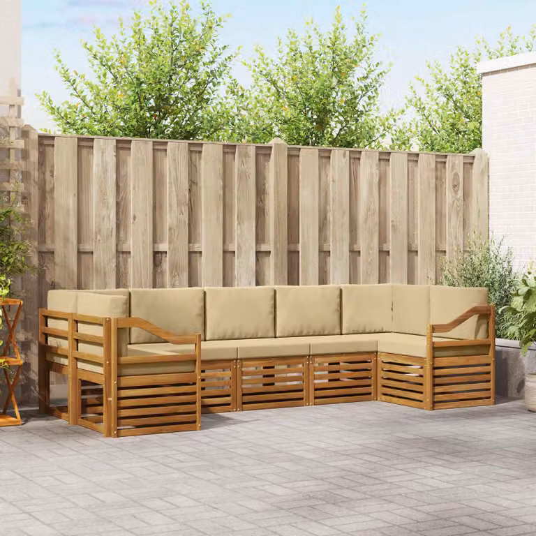 Set di divani da esterno vidaXL 7 pz in legno di acacia con cuscini, forma a L, colore beige e marrone