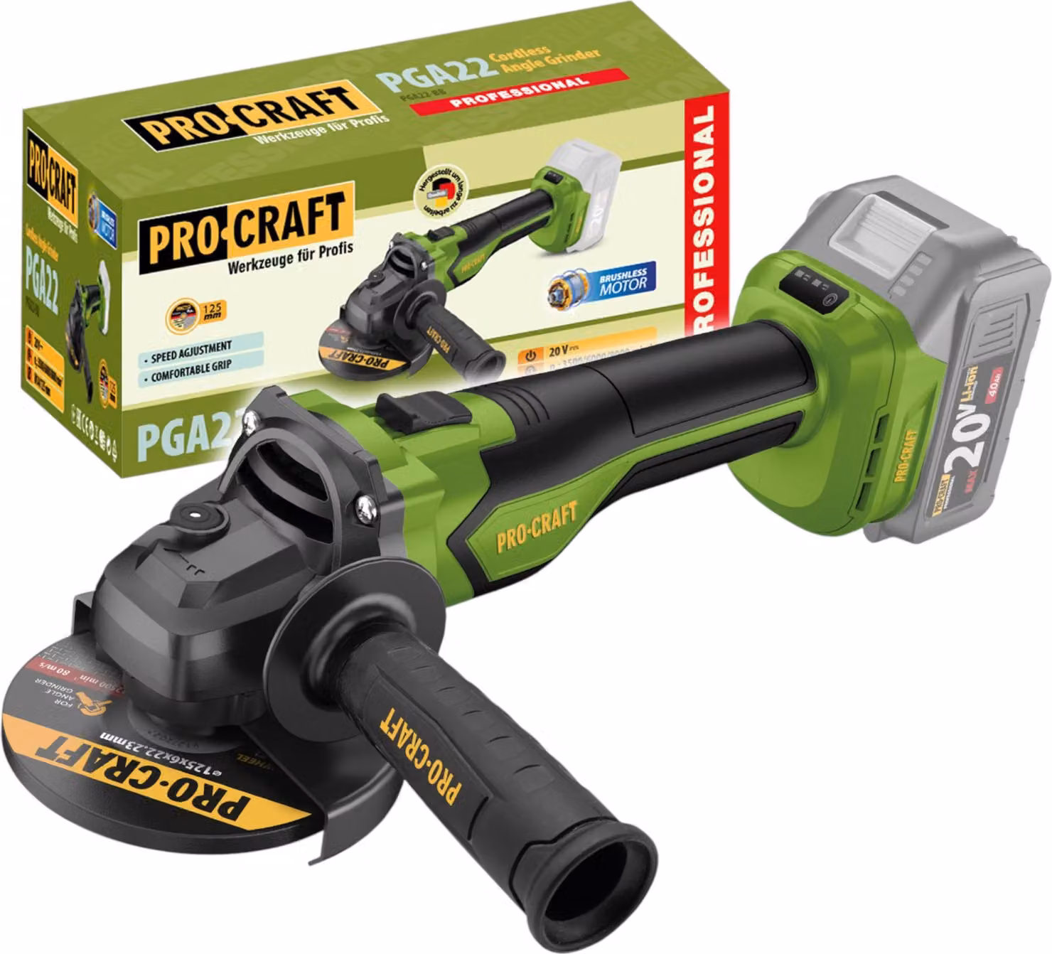 Smerigliatrice angolare a batteria Procraft PGA22-BB 20 V 125 mm Brushless Solo - senza batteria, senza caricabatteria