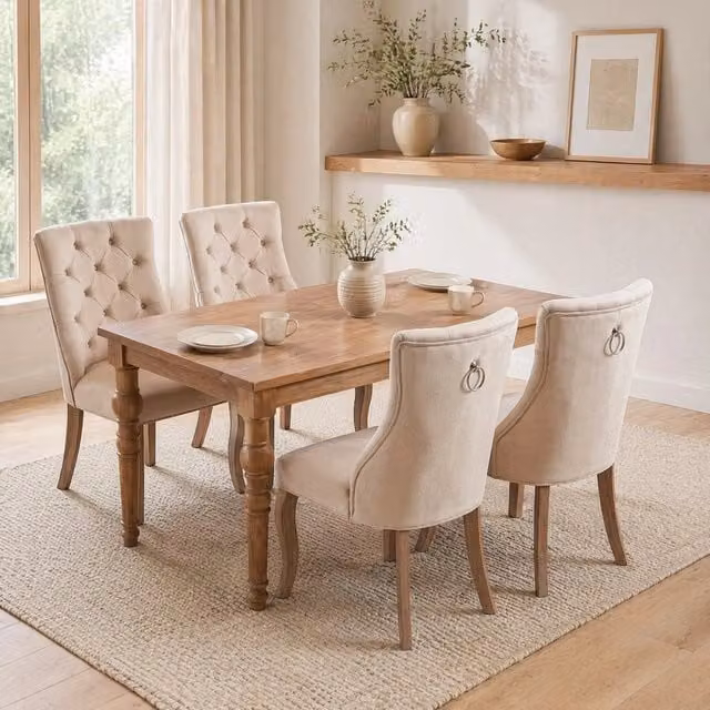 Set di 4 sedie da pranzo MIVRAY in velluto beige con schienale alto decorato a bottoni e gambe in legno di gomma