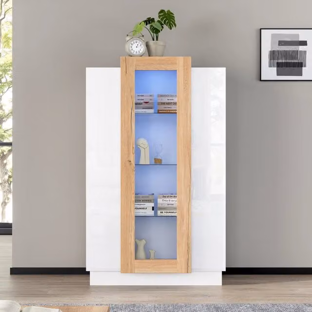 Vetrina da soggiorno Mivray bianca con ante in vetro e illuminazione integrata L/P/H: 74 x 40 x 120 cm