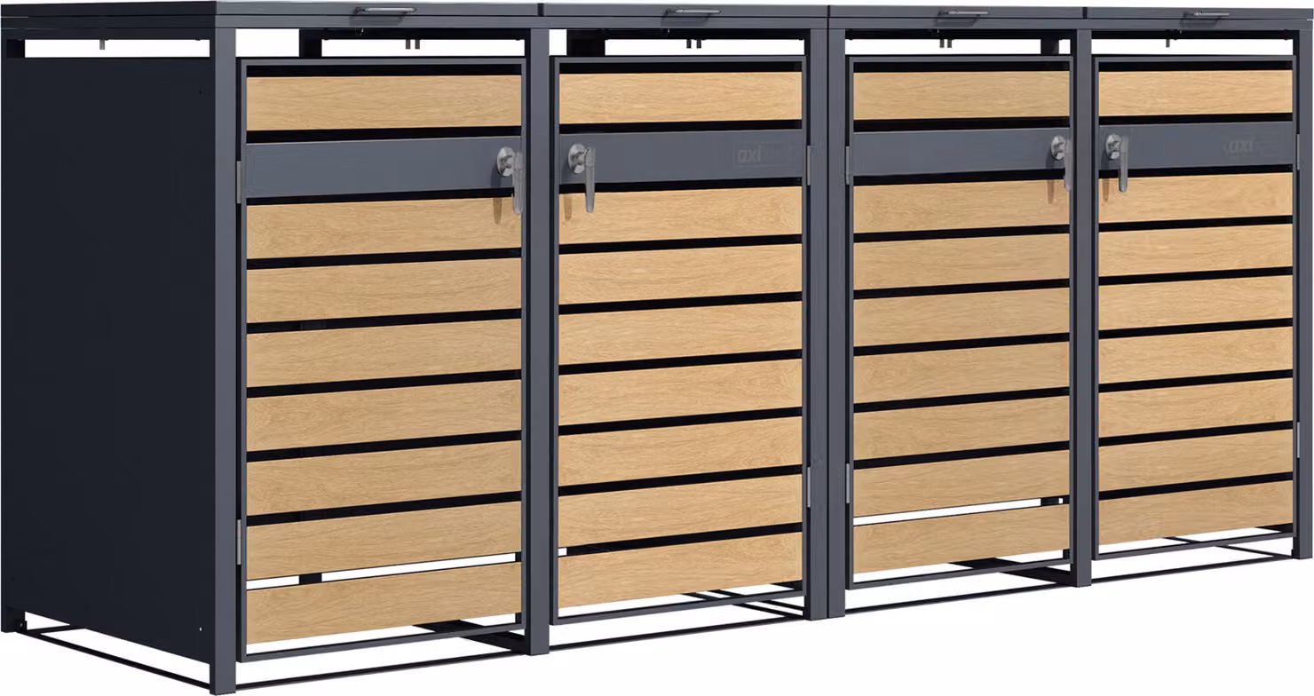 AXI Lucas Copribidone Spazzatura in metallo Grigio/Aspetto Legno - Copri Bidone Spazzatura 4 contenitore - Max. 240L - Copribidone Spazzatura Esterno con eccellente ventilazione
